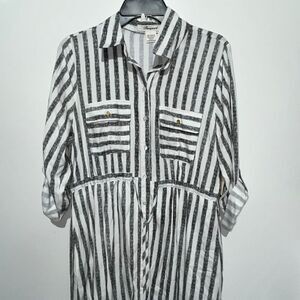 Passport Women's White Grey‎ Stripe Tie Waist Button Up Shirt Dress Large NWT